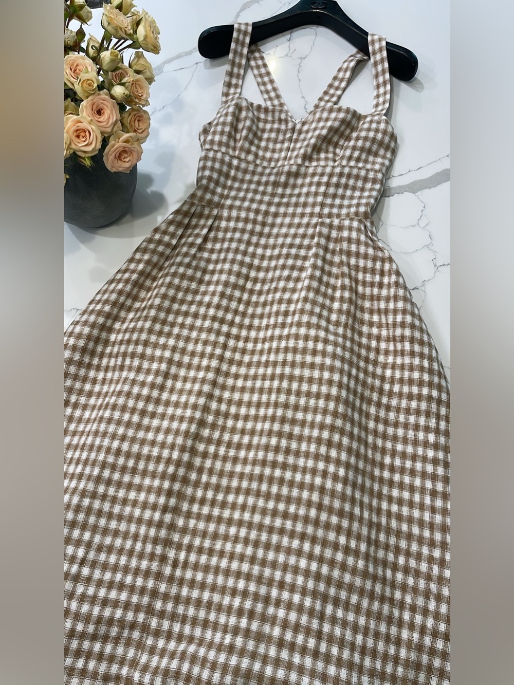 NEW Reformation Roma Midi Linen Dress Dunes Check Gingham Tan White Size 4 - Picture 4 of 15